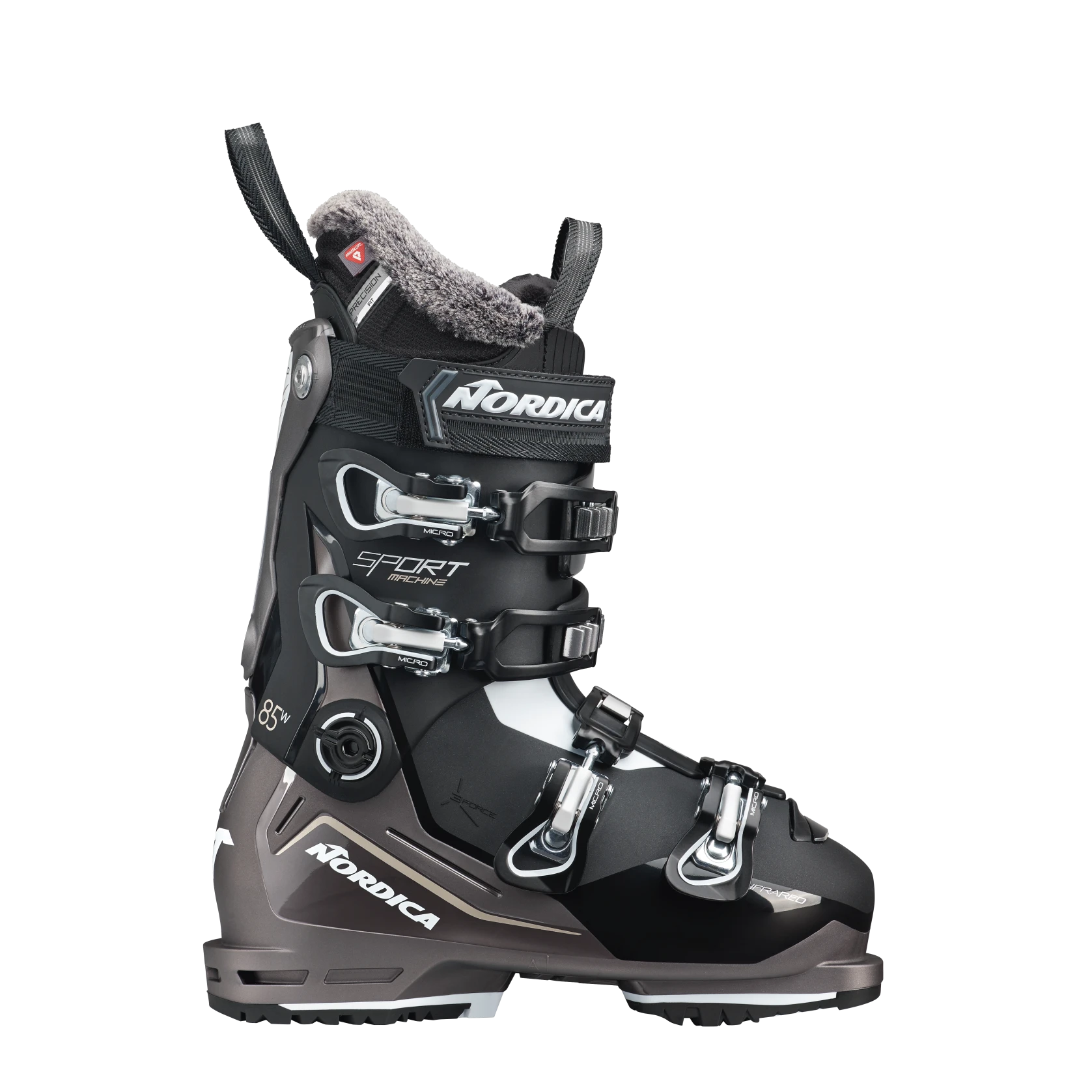 A black Nordica Sportmachine 3 85 W ski boot with a low-profile design and multiple buckles.