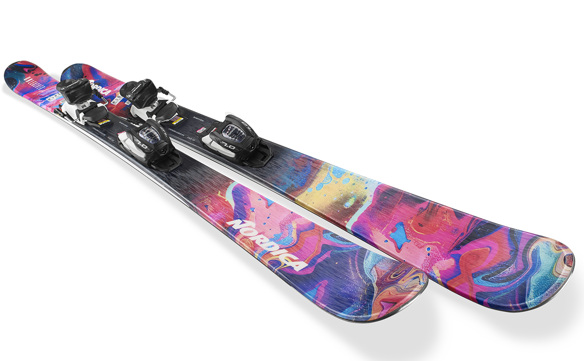 Nordica Unleashed J junior freeride skis with FDT 7.0 bindings, featuring Twin Rocker and a playful twin-tip design for all-mountain skiing.
