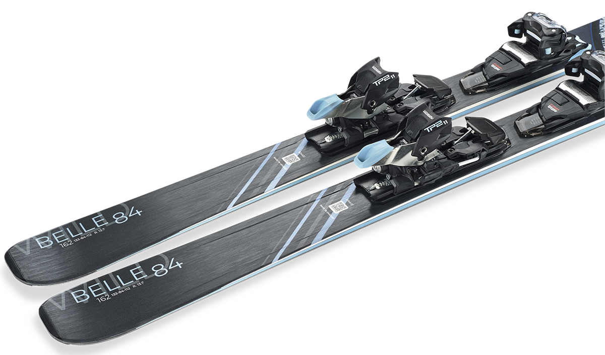 Nordica Wild Belle DC 84 Skis 2027 in Black and Blue with TP2 Light 11 FDT bindings and Double Core construction.