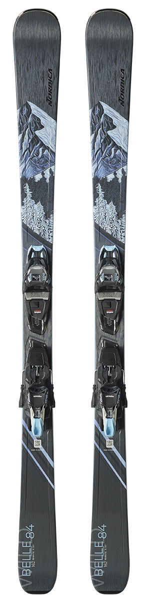 Nordica Wild Belle DC 84 Skis 2027 in Black and Blue with TP2 Light 11 FDT bindings and Double Core construction.