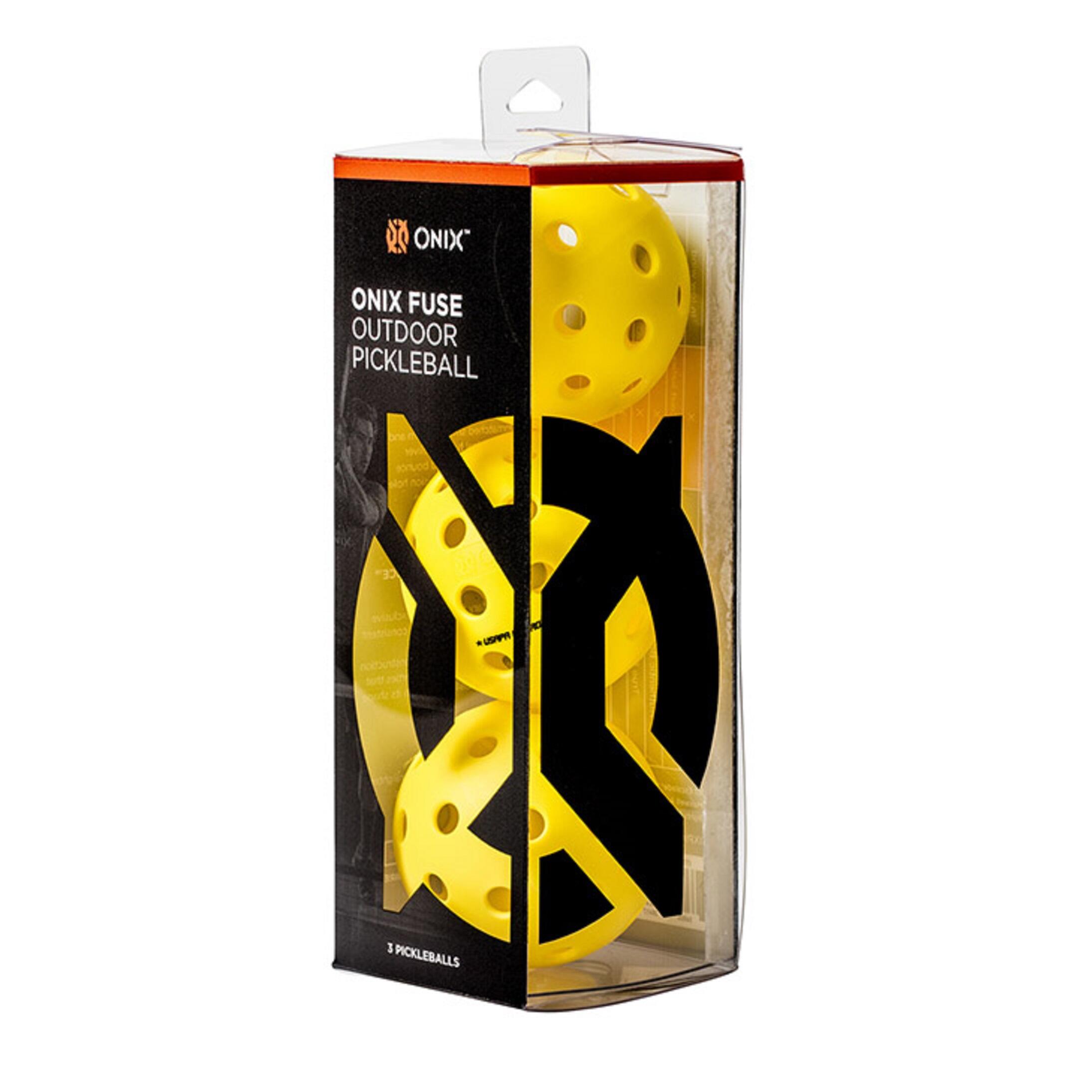 A package of ONIX FUSE G2 OUTDOOR PICKLEBALLS, with yellow and black color balls visible through the transparent front of the packaging.