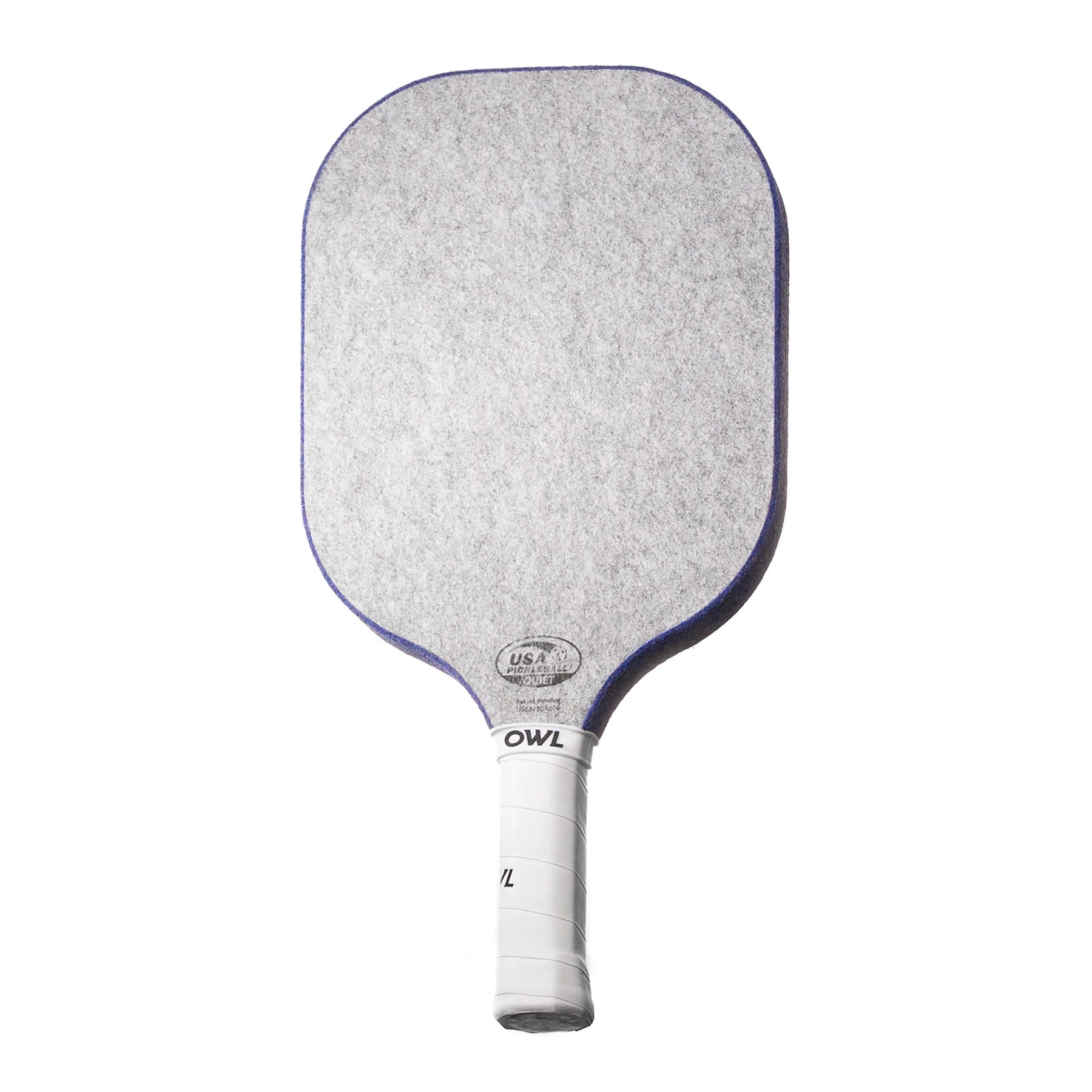 A white and blue OWL CX pickleball paddle that features a silver OWL logo on the noise-reducing surface