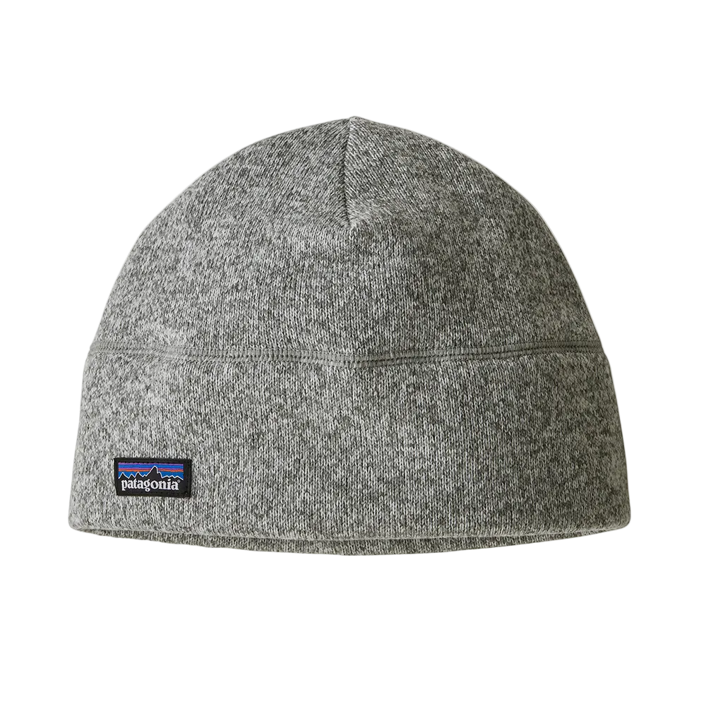 Front view of a birch white Patagonia Better Sweater Beanie featuring 100% recycled polyester sweater-knit fleece fabric, a doubled cuff design, and a low-profile construction.