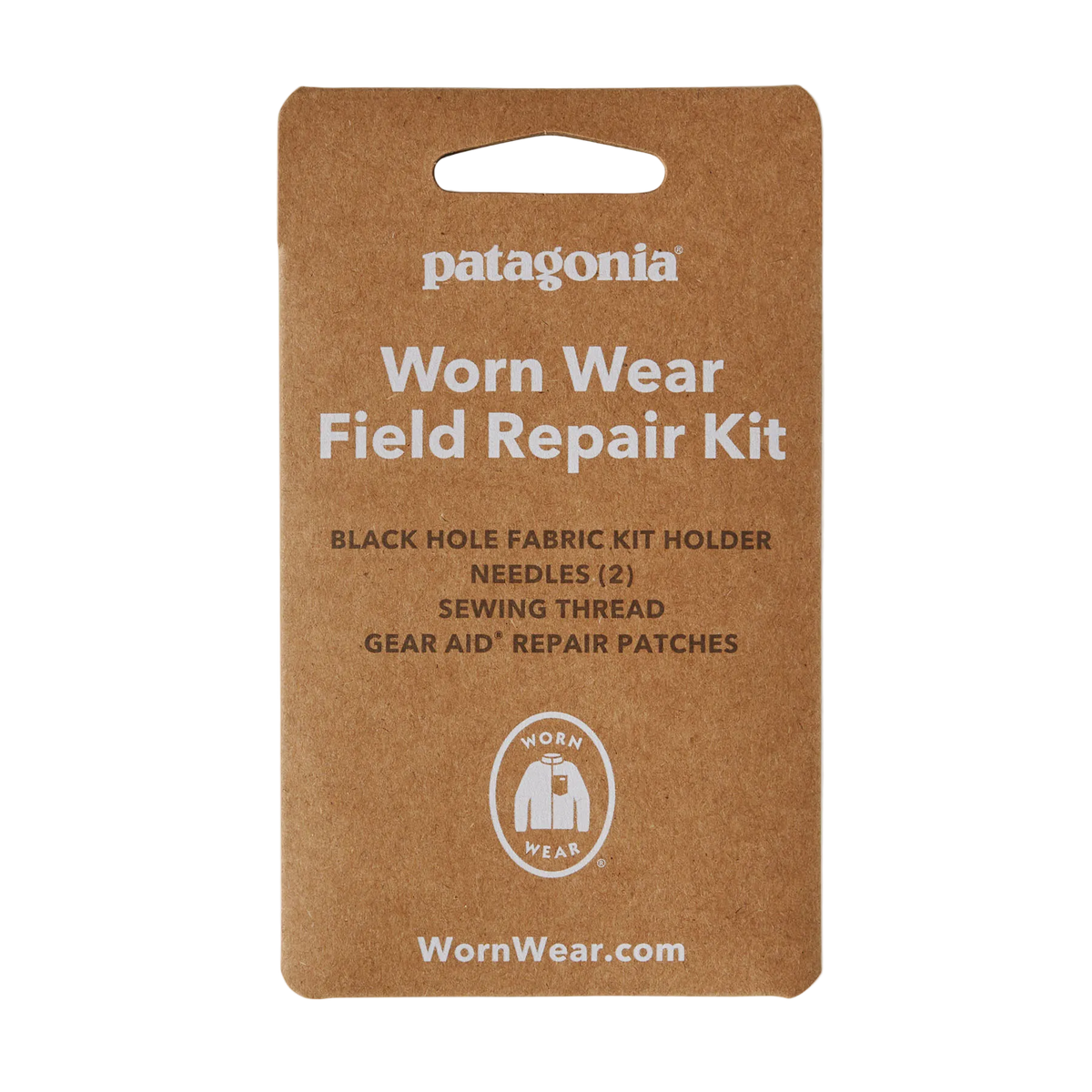 The front packaging of a Patagonia Field Repair Kit, featuring a weather-resistant 100% recycled nylon ripstop shell, organized interior pockets, heavy-duty needles, high-tenacity thread, and pressure-sensitive repair patches.