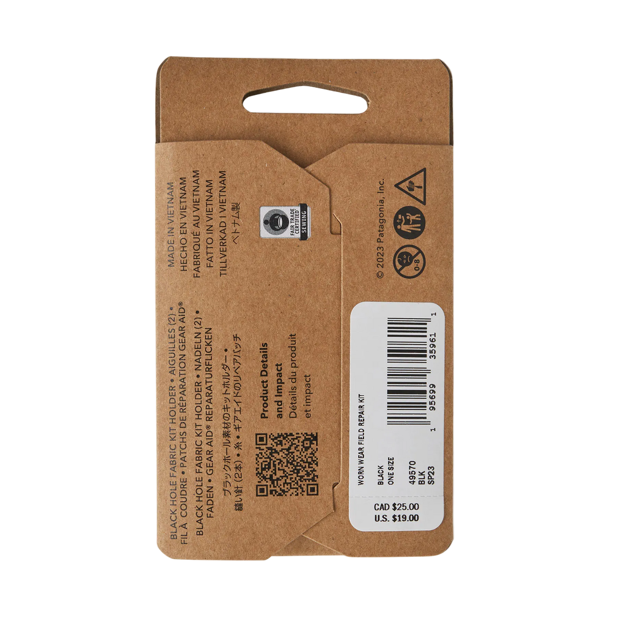 The back packaging of a Patagonia Field Repair Kit, featuring a weather-resistant 100% recycled nylon ripstop shell, organized interior pockets, heavy-duty needles, high-tenacity thread, and pressure-sensitive repair patches.