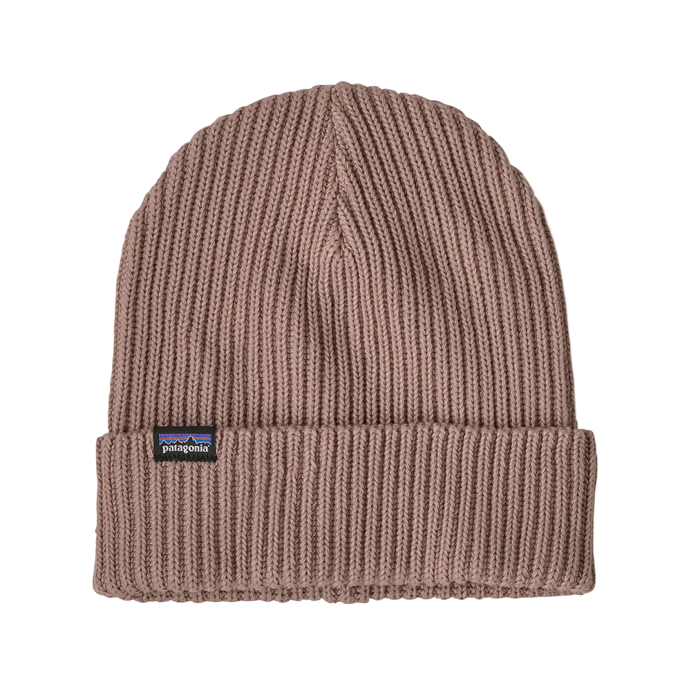 Front view of a fuzzy mauve Patagonia Fisherman's Rolled Beanie featuring 100% recycled polyester 1x1 rib-knit construction, an adjustable roll-up cuff, and a woven logo label.