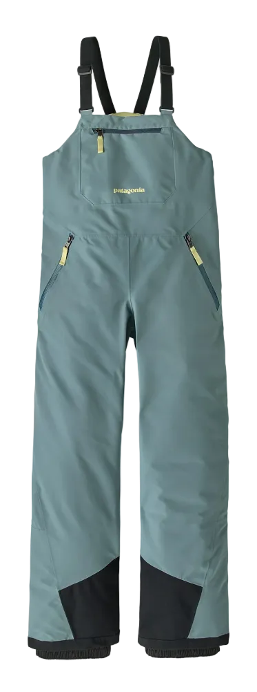Patagonia Jr Powder Town Bib Pants showing 2-layer H2No Performance Standard shell, high-back bib construction with adjustable straps, 210D nylon scuff guards, internal boot gaiters, and zippered chest pocket.