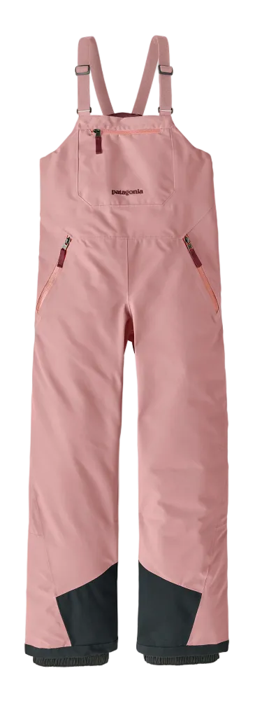 Patagonia Jr Powder Town Bib Pants showing 2-layer H2No Performance Standard shell, high-back bib construction with adjustable straps, 210D nylon scuff guards, internal boot gaiters, and zippered chest pocket.