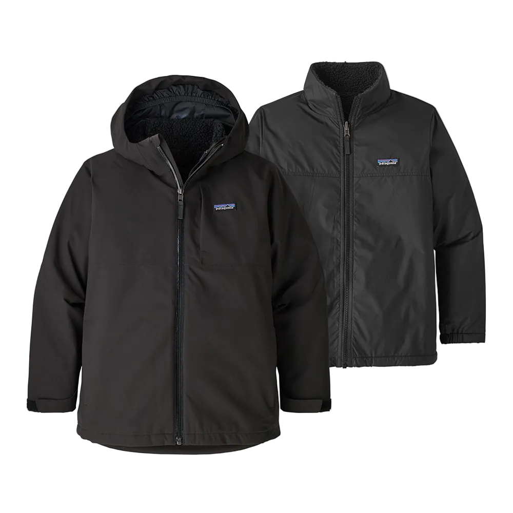 Front view of the black Patagonia Junior 4-in-1 Everyday Jacket showing the 2-layer H2No Performance Standard waterproof outer shell connected to a removable, reversible zip-out liner, featuring a three-panel hood with elasticized internal gusset, full-length waterproof center-front zipper with internal storm flap, zippered chest and handwarmer pockets, and adjustable cuff tabs.