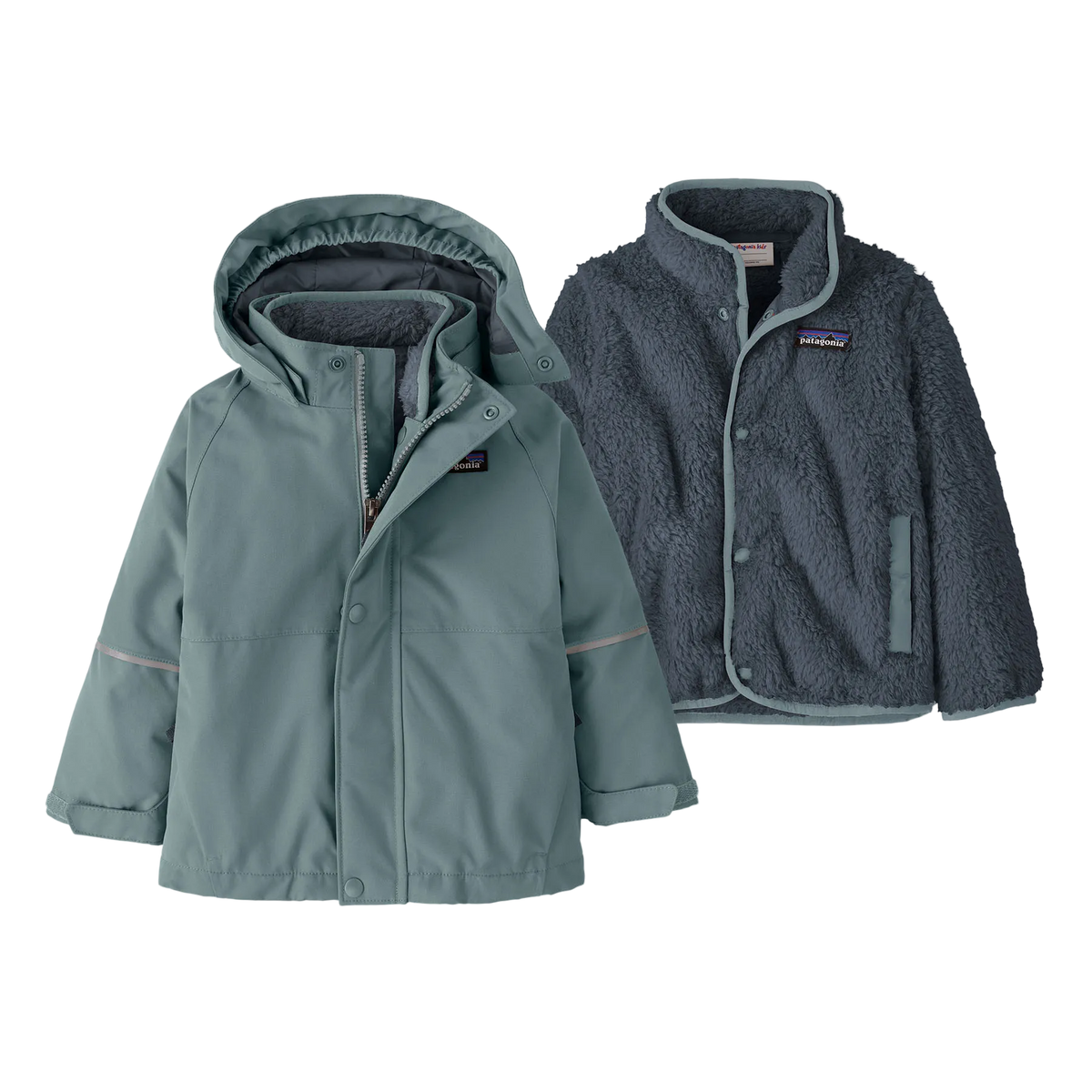 Front view of the blue sage Patagonia Junior All Seasons 3-in-1 Jacket showing the 2-layer H2No Performance Standard waterproof outer shell integrated with a zip-out 100g Thermogreen insulated liner, featuring a three-panel hood with elasticized stay-put gusset, a full-length center-front zipper with internal storm flap, zippered handwarmer pockets, a sleeve pass pocket, adjustable cuffs with Grow-Fit extendable sleeves, and an embedded RECCO reflector.