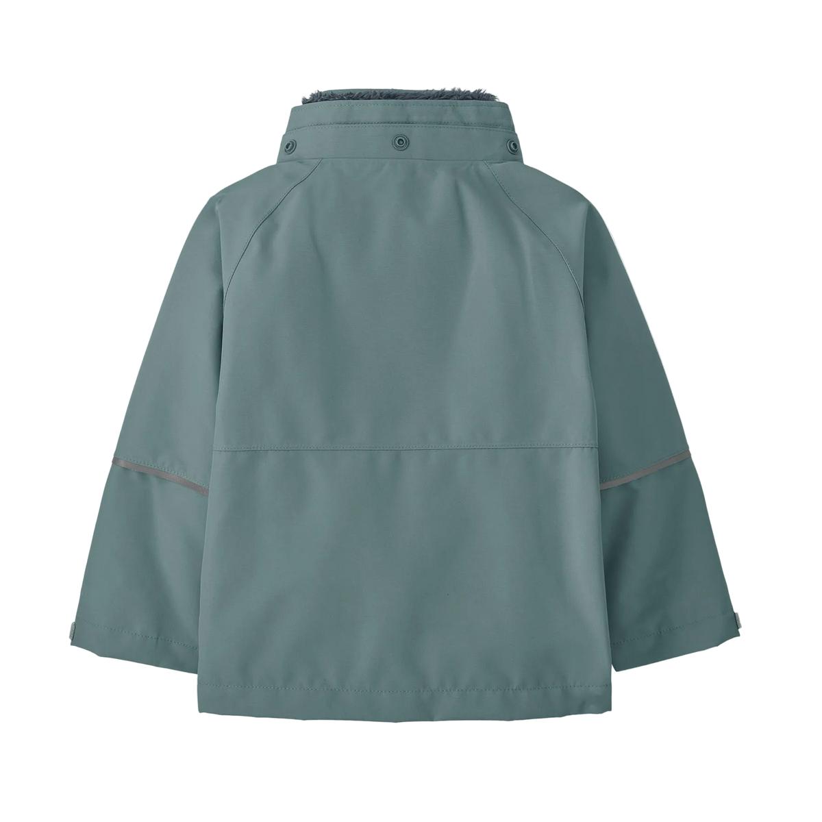 Rear view of the blue sage Patagonia Junior All Seasons 3-in-1 Jacket showing the 2-layer H2No Performance Standard waterproof outer shell integrated with a zip-out 100g Thermogreen insulated liner, featuring a three-panel hood with elasticized stay-put gusset, a full-length center-front zipper with internal storm flap, zippered handwarmer pockets, a sleeve pass pocket, adjustable cuffs with Grow-Fit extendable sleeves, and an embedded RECCO reflector.