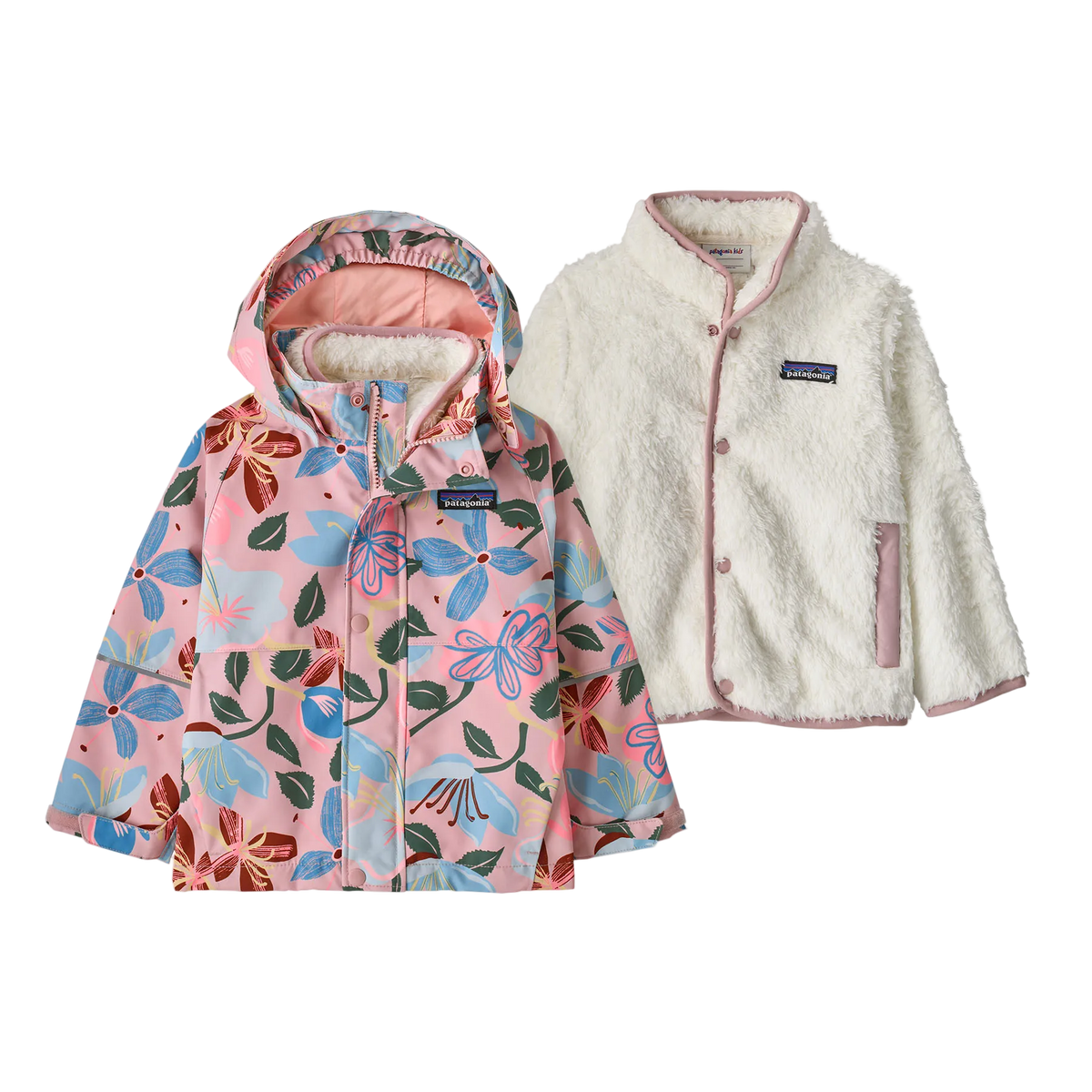 Front view of the hopes and blooms Patagonia Junior All Seasons 3-in-1 Jacket showing the 2-layer H2No Performance Standard waterproof outer shell integrated with a zip-out 100g Thermogreen insulated liner, featuring a three-panel hood with elasticized stay-put gusset, a full-length center-front zipper with internal storm flap, zippered handwarmer pockets, a sleeve pass pocket, adjustable cuffs with Grow-Fit extendable sleeves, and an embedded RECCO reflector.