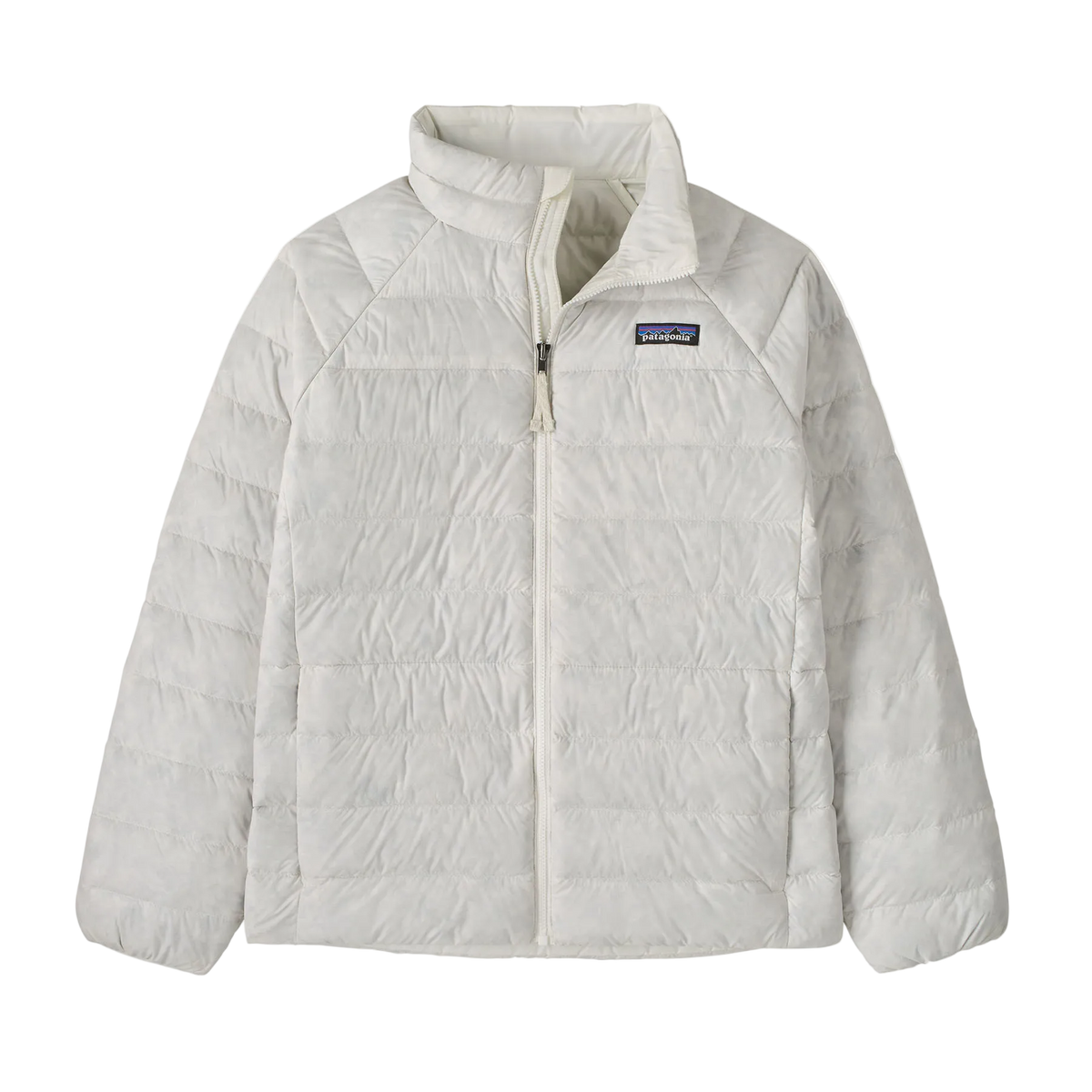 Front view of the Patagonia Junior Down Sweater featuring a NetPlus 100% postconsumer recycled nylon ripstop shell, narrow quilt-pattern baffling, 700-fill-power 100% Recycled Down insulation, a full-length center-front zipper with wind flap and chin guard, elasticized sleeve cuffs, and dual zippered handwarmer pockets with reflective webbing pulls.