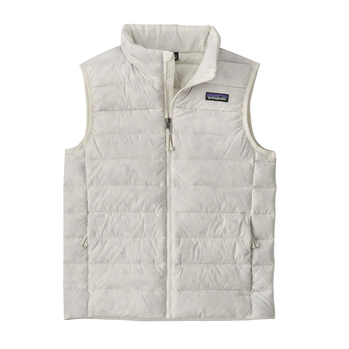 Front view of the Patagonia Junior Down Sweater Vest featuring a NetPlus 100% postconsumer recycled nylon ripstop shell, narrow quilt-pattern baffling, 700-fill-power 100% Recycled Down insulation, a full-length center-front zipper with internal wind flap and chin guard, spandex-bound armholes, elasticized hem, and dual zippered handwarmer pockets with reflective pulls.