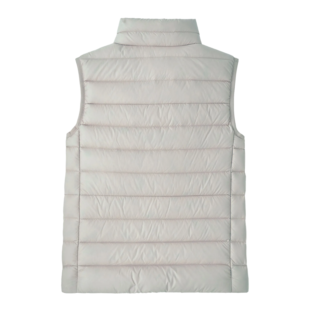 Rear view of the Patagonia Junior Down Sweater Vest featuring a NetPlus 100% postconsumer recycled nylon ripstop shell, narrow quilt-pattern baffling, 700-fill-power 100% Recycled Down insulation, a full-length center-front zipper with internal wind flap and chin guard, spandex-bound armholes, elasticized hem, and dual zippered handwarmer pockets with reflective pulls.