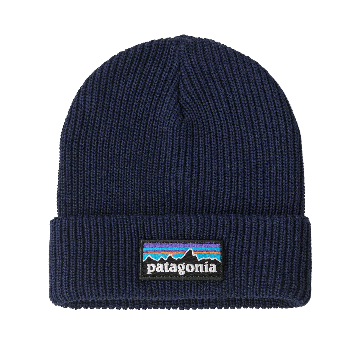 Front view of a navy blue Patagonia Junior Logo Beanie featuring a fine-gauge recycled polyester knit, a fold-over rib-knit cuff, and an embroidered front logo patch.