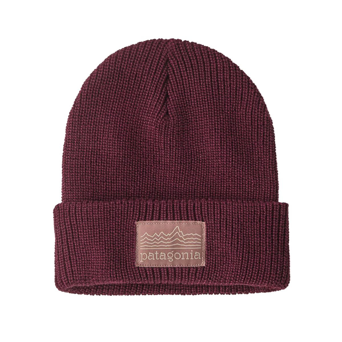 Front view of a berry fig Patagonia Junior Logo Beanie featuring a fine-gauge recycled polyester knit, a fold-over rib-knit cuff, and an embroidered front logo patch.
