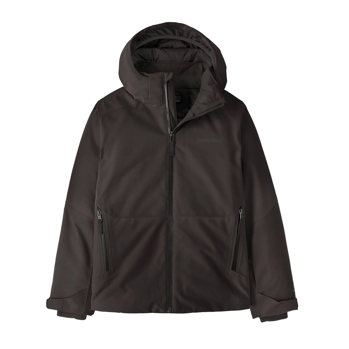Front view of the black Patagonia Junior Powder Town Jacket featuring a 2-layer H2No Performance Standard shell, 150g body and 100g sleeve Thermogreen 100% recycled polyester insulation, a helmet-compatible three-panel hood with elasticized stay-put gusset, a waterproof full-length center-front zipper with internal storm flap, an integrated powder skirt, zippered handwarmer pockets, a sleeve pass pocket, and Grow-Fit extendable sleeve cuffs.