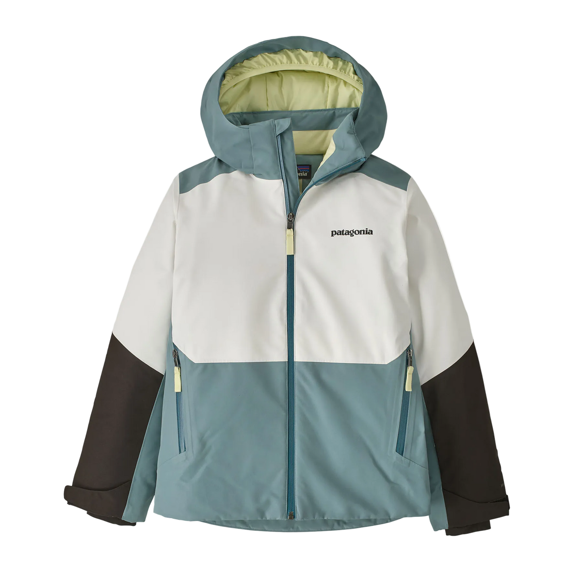 Front view of the blue sage Patagonia Junior Powder Town Jacket featuring a 2-layer H2No Performance Standard shell, 150g body and 100g sleeve Thermogreen 100% recycled polyester insulation, a helmet-compatible three-panel hood with elasticized stay-put gusset, a waterproof full-length center-front zipper with internal storm flap, an integrated powder skirt, zippered handwarmer pockets, a sleeve pass pocket, and Grow-Fit extendable sleeve cuffs.