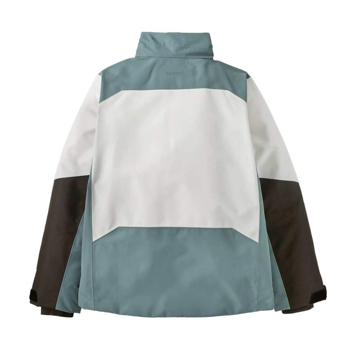 Rear view of the blue sage Patagonia Junior Powder Town Jacket featuring a 2-layer H2No Performance Standard shell, 150g body and 100g sleeve Thermogreen 100% recycled polyester insulation, a helmet-compatible three-panel hood with elasticized stay-put gusset, a waterproof full-length center-front zipper with internal storm flap, an integrated powder skirt, zippered handwarmer pockets, a sleeve pass pocket, and Grow-Fit extendable sleeve cuffs.