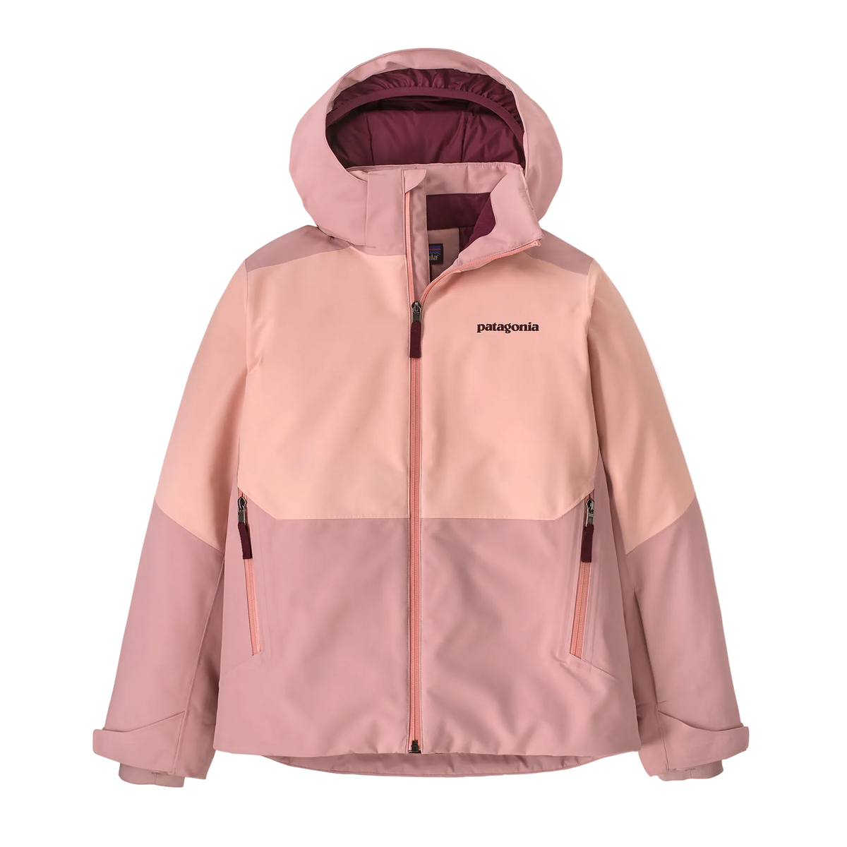 Front view of the fuzzy mauve Patagonia Junior Powder Town Jacket featuring a 2-layer H2No Performance Standard shell, 150g body and 100g sleeve Thermogreen 100% recycled polyester insulation, a helmet-compatible three-panel hood with elasticized stay-put gusset, a waterproof full-length center-front zipper with internal storm flap, an integrated powder skirt, zippered handwarmer pockets, a sleeve pass pocket, and Grow-Fit extendable sleeve cuffs.