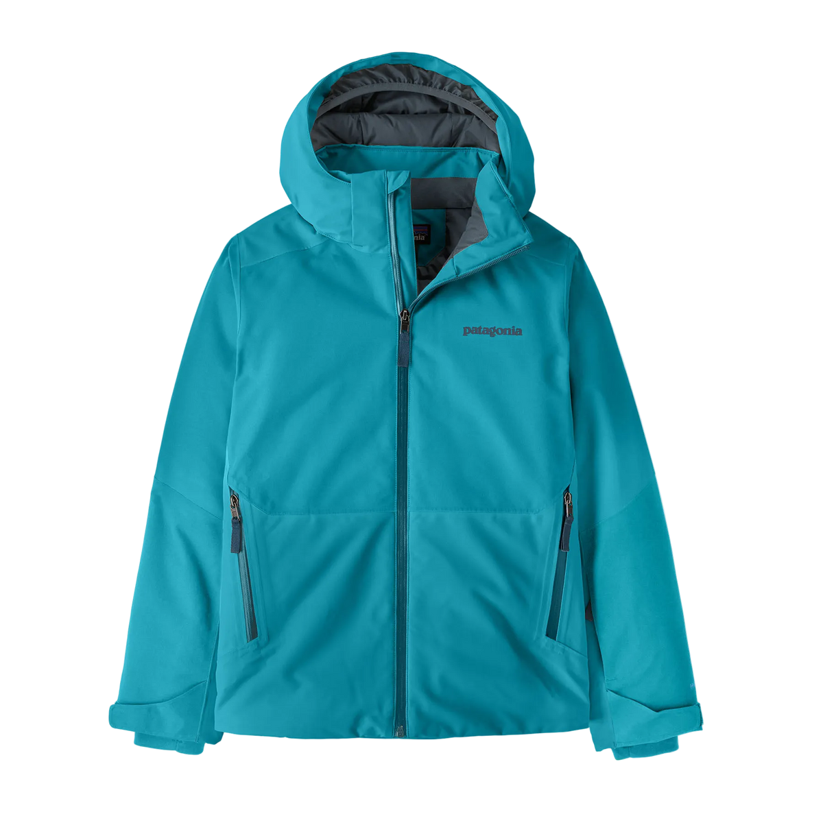 Front view of the mako blue Patagonia Junior Powder Town Jacket featuring a 2-layer H2No Performance Standard shell, 150g body and 100g sleeve Thermogreen 100% recycled polyester insulation, a helmet-compatible three-panel hood with elasticized stay-put gusset, a waterproof full-length center-front zipper with internal storm flap, an integrated powder skirt, zippered handwarmer pockets, a sleeve pass pocket, and Grow-Fit extendable sleeve cuffs.