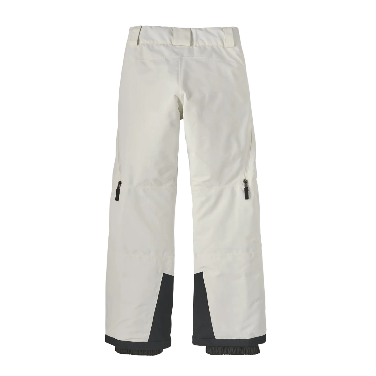 Rear view of the birch white Patagonia Junior Powder Town Pants featuring a 2-layer H2No Performance Standard shell, 80g Thermogreen 100% recycled polyester insulation, an internal adjustable waistband with double-snap closure and zip fly, articulated knees, heavy-duty ankle scuff guards, internal boot gaiters with gripper elastic, and Grow-Fit extendable leg cuffs.