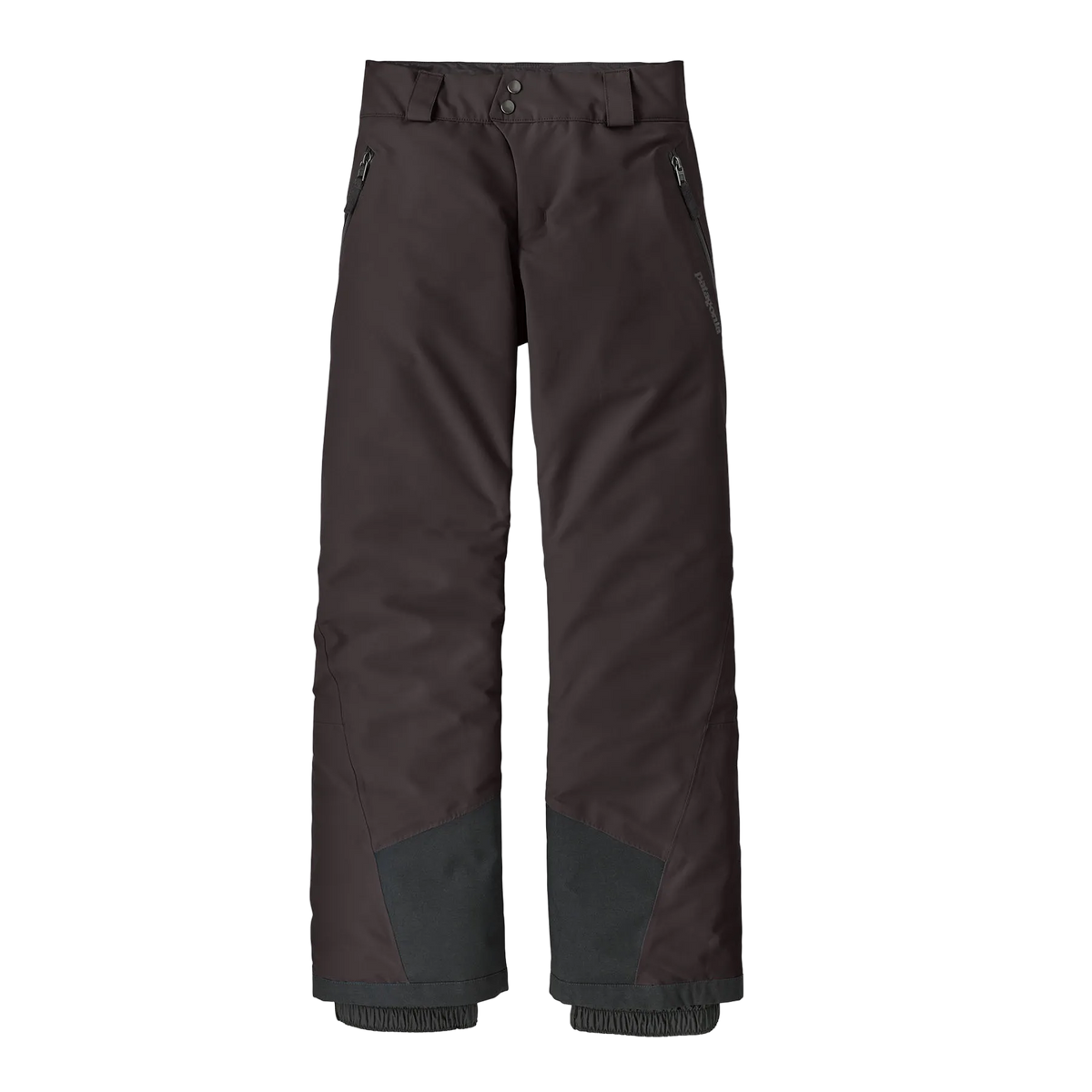 Front view of the black Patagonia Junior Powder Town Pants featuring a 2-layer H2No Performance Standard shell, 80g Thermogreen 100% recycled polyester insulation, an internal adjustable waistband with double-snap closure and zip fly, articulated knees, heavy-duty ankle scuff guards, internal boot gaiters with gripper elastic, and Grow-Fit extendable leg cuffs.