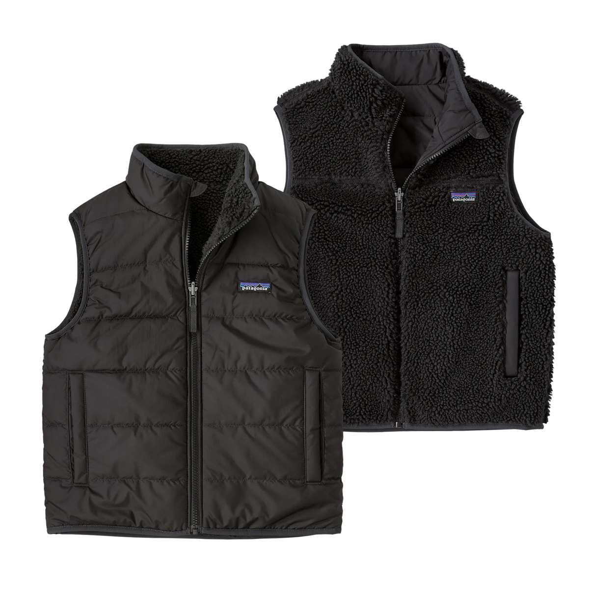 Front view of the Patagonia Junior Reversible Ready Freddy Vest showing the smooth woven 100% recycled polyester shell side with 60g Thermogreen insulation, featuring a full-length center-front zipper with chin guard, a contrast zippered nylon chest pocket, welted handwarmer pockets, and a high-pile recycled fleece interior visible at the collar.