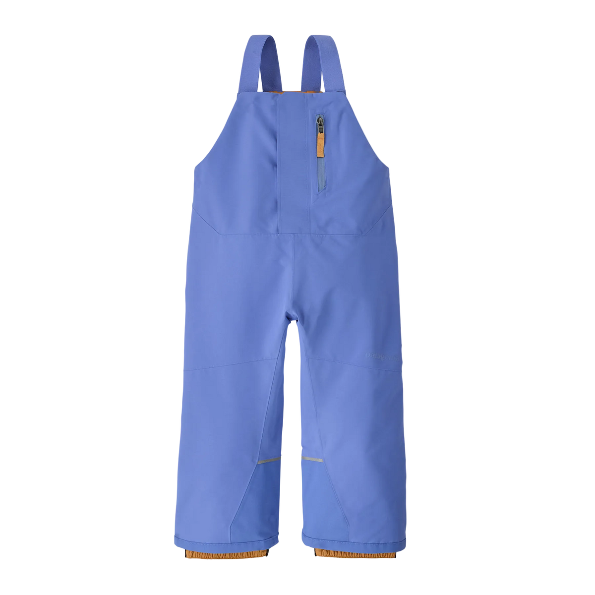 Front view of the diver blue Patagonia Junior Snow Pile Bib Pants featuring a 2-layer H2No Performance Standard shell, 100g Thermogreen 100% recycled polyester insulation, high-coverage bib torso with adjustable elastic shoulder straps, full-length center-front zipper with dual storm flaps, articulated knees, heavy-duty ankle scuff guards, internal boot gaiters with gripper elastic, and Grow-Fit extendable leg cuffs.