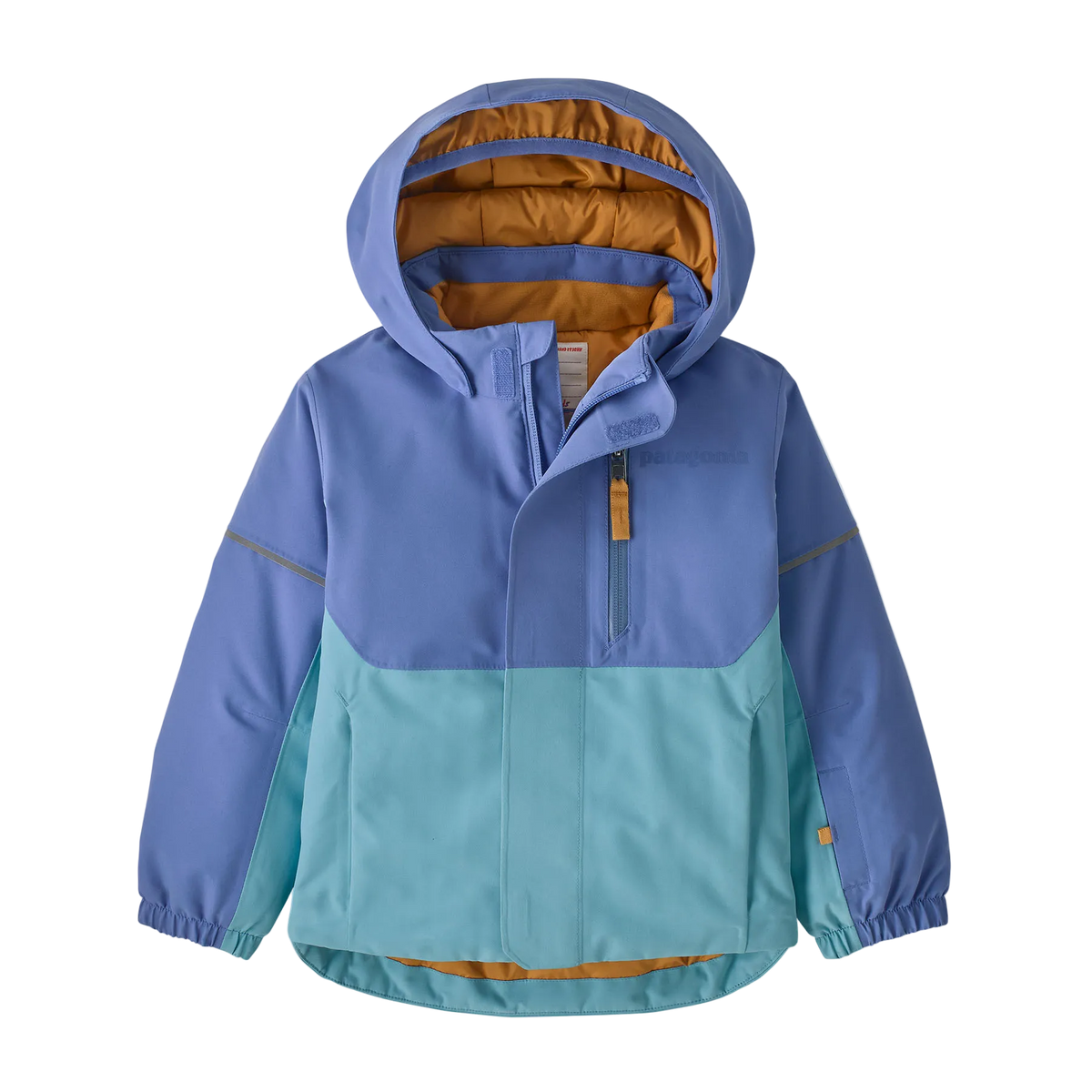Front view of the Patagonia Junior Snow Pile Jacket featuring a 2-layer H2No Performance Standard shell, 150g body and 100g sleeve Thermogreen 100% recycled polyester insulation, a removable three-panel hood with elasticized stay-put gusset, a waterproof full-length center-front zipper with internal wind flap, zippered handwarmer pockets, a sleeve pass pocket, adjustable cuffs with Grow-Fit extendable sleeves, and an embedded RECCO reflector.