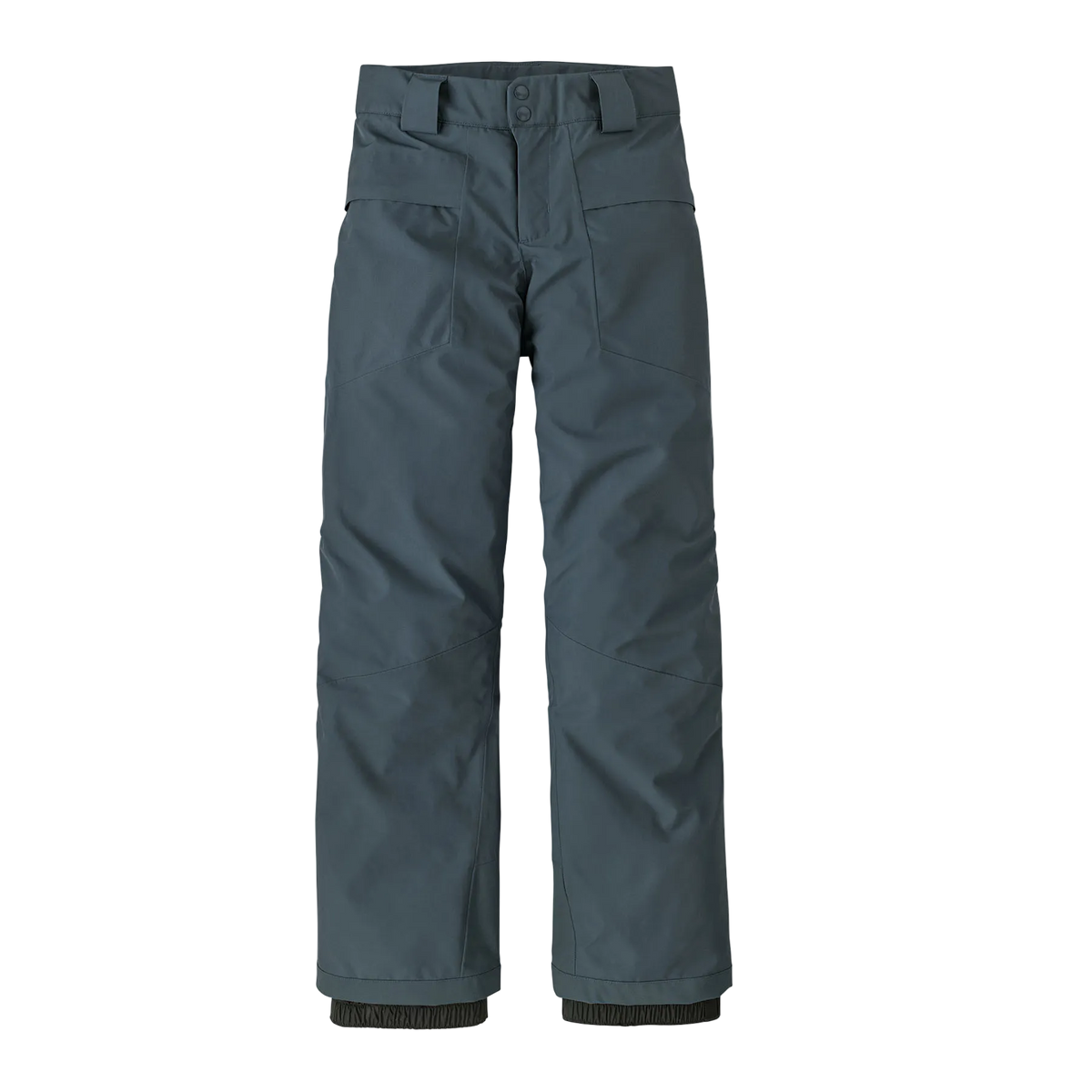 Front view of the summit blue Patagonia Junior Storm Shift Pants featuring a 2-layer PFC-free GORE-TEX ePE waterproof shell, adjustable waistband with double-snap closure and zip fly, zippered side thigh vents, covered zippered thigh pockets, heavy-duty ankle scuff guards, internal boot gaiters with gripper elastic, Grow-Fit extendable leg cuffs, and an embedded RECCO reflector.