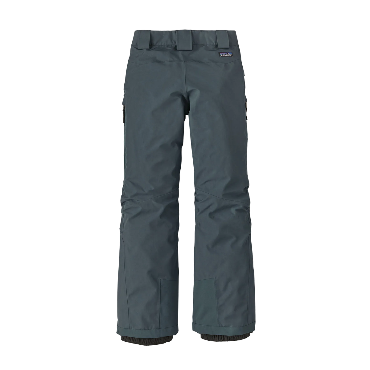 Rear view of the summit blue Patagonia Junior Storm Shift Pants featuring a 2-layer PFC-free GORE-TEX ePE waterproof shell, adjustable waistband with double-snap closure and zip fly, zippered side thigh vents, covered zippered thigh pockets, heavy-duty ankle scuff guards, internal boot gaiters with gripper elastic, Grow-Fit extendable leg cuffs, and an embedded RECCO reflector.