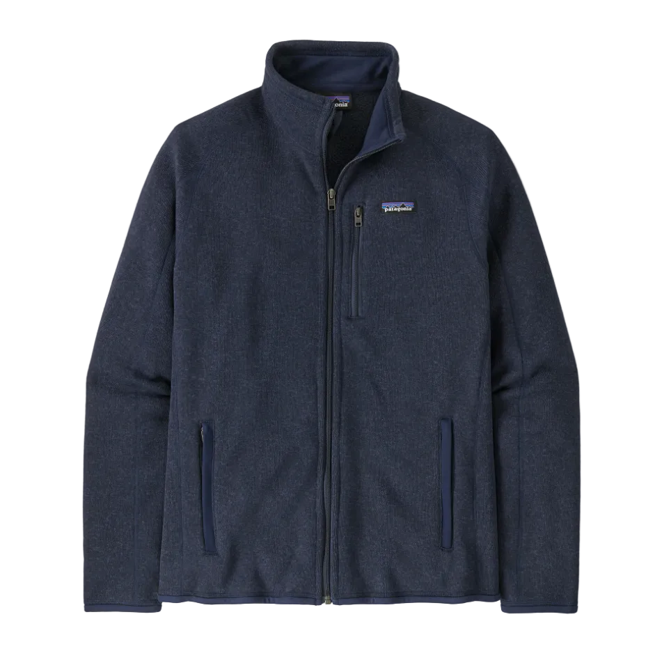 A navy blue men's Patagonia Better Sweater jacket that is made from recycled polyester and features a full-zip design.