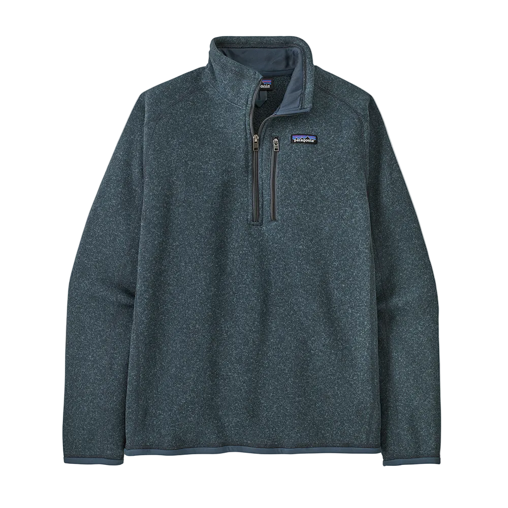 A men's Summit Blue Patagonia Better Sweater 1/4 Zip sweater that is made from recycled polyester and is stretchable and breathable.