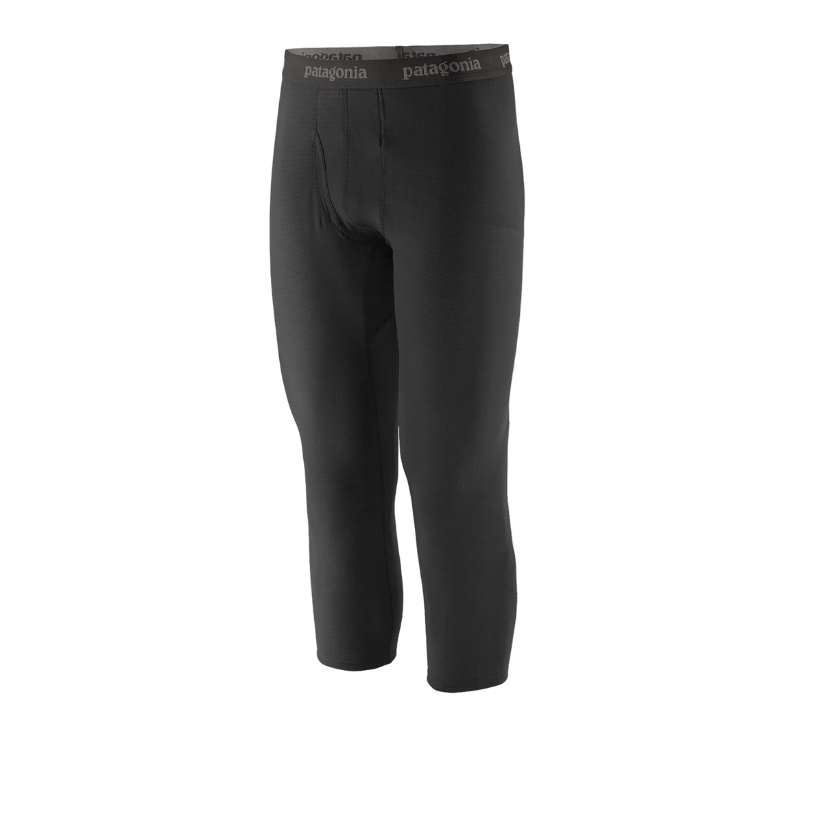 Front view of the Patagonia Men's Capilene Thermal Weight Boot Length Baselayer Bottoms featuring a 23-inch boot-length hem, Polartec Power Grid fabric with an open-grid brushed interior, a flat elastic waistband, a functional fly, a gusseted crotch, and flatlock seam construction.