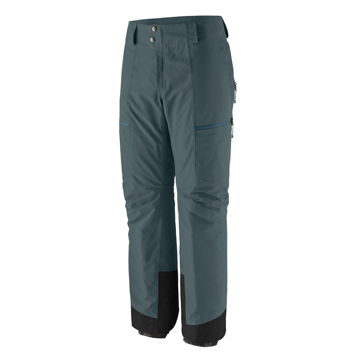 Front view of the Patagonia Men's Insulated Storm Shift Pants featuring a 2-layer GORE-TEX ePE fabric shell, 60g Thermogreen 100% recycled polyester insulation, an adjustable waist with dual-snap closure and belt loops, watertight zippered handwarmer and thigh pockets, mesh-lined thigh ventilation zips, articulated knees, inner ankle scuff guards, internal boot gaiters with gripper elastic, and an integrated RECCO reflector.