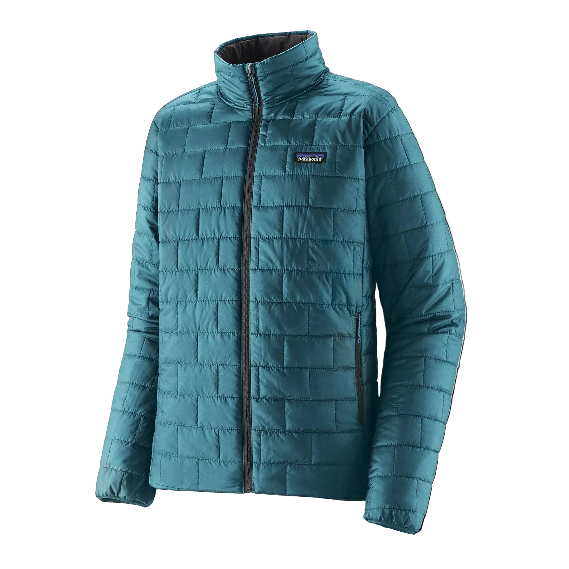 An blue men's Patagonia Nano Puff jacket that is designed for warmth in harsh winter conditions and can be worn underneath a shell jacket or on its own.