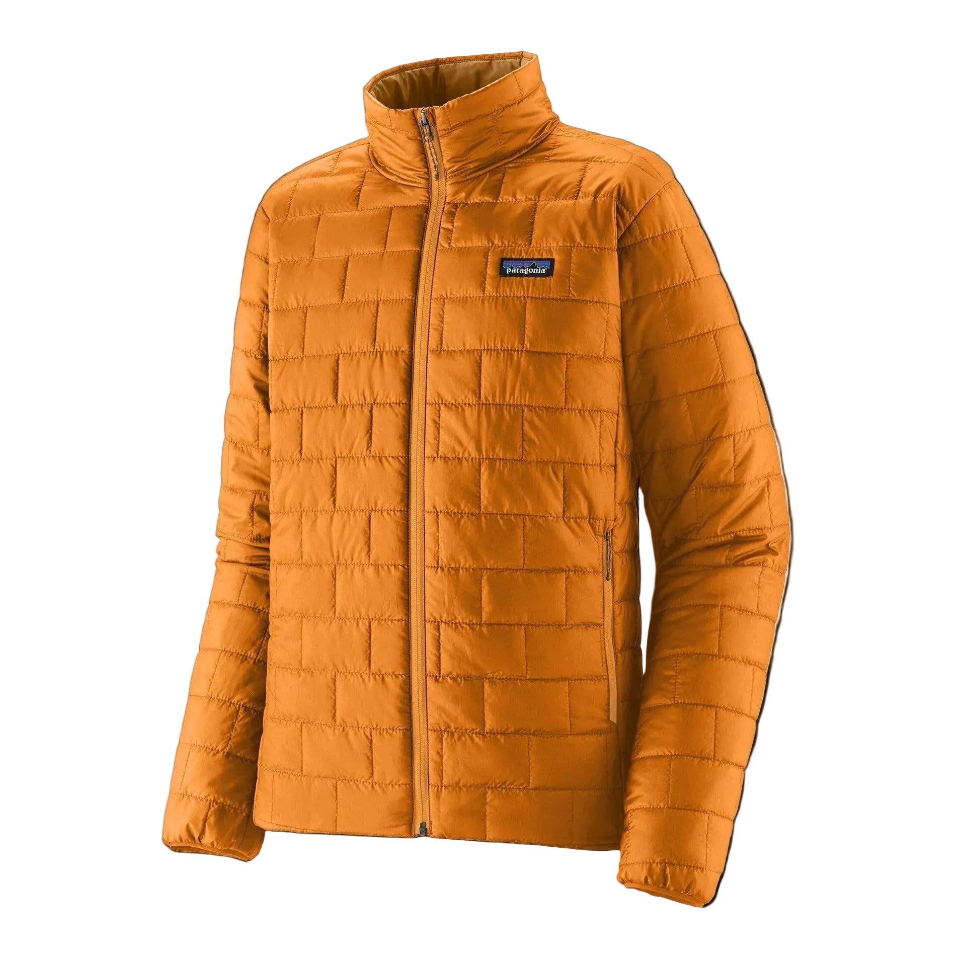 An orange men's Patagonia Nano Puff jacket that is designed for warmth in harsh winter conditions and can be worn underneath a shell jacket or on its own.
