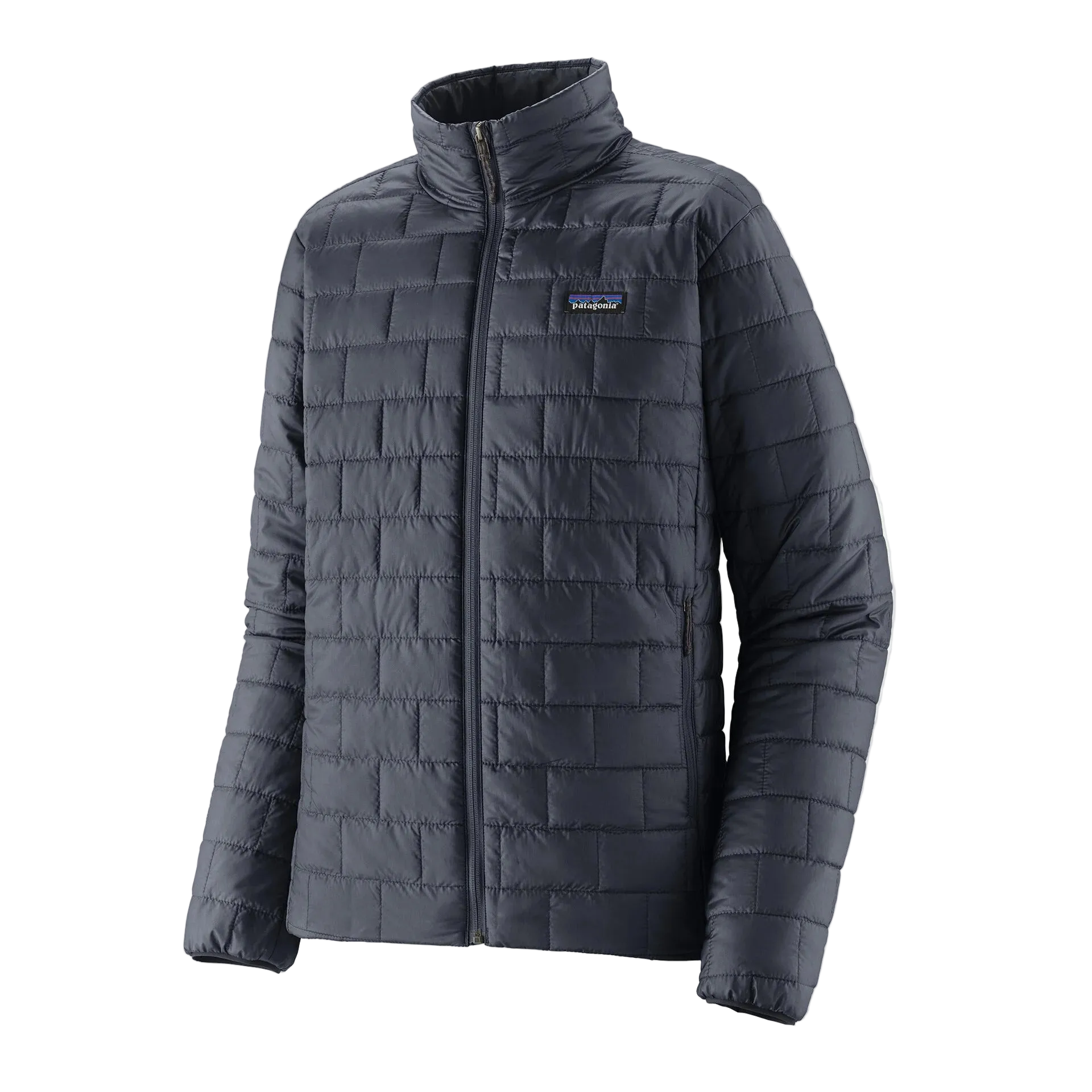 An navy blue men's Patagonia Nano Puff jacket that is designed for warmth in harsh winter conditions and can be worn underneath a shell jacket or on its own.