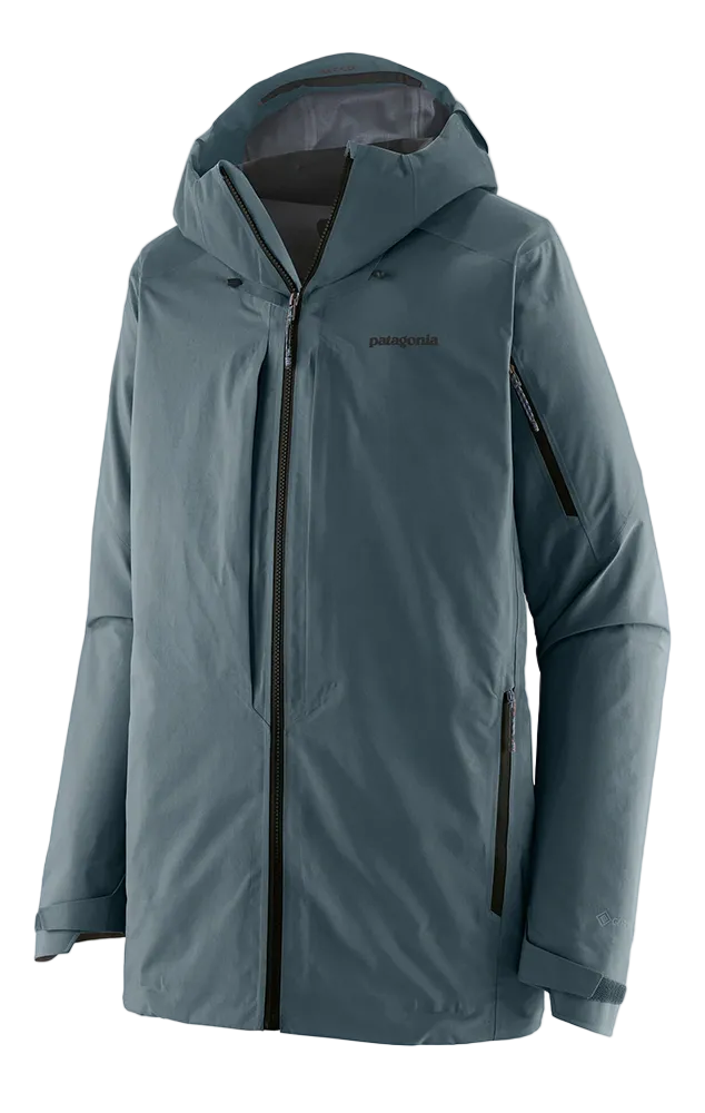 Patagonia Men’s Powslayer Jacket showing 3-layer GORE-TEX Pro recycled shell fabric, watertight Vislon center zipper, helmet-compatible hood with laminated visor, oversized chest skin pockets, and pit venting zippers.