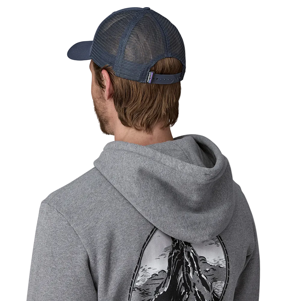 Rear view of a new navy Patagonia P-6 Logo LoPro Trucker Hat featuring an organic cotton canvas front crown, embroidered original artwork, NetPlus precurved brim, recycled polyester mesh back, and an adjustable rear snap closure.