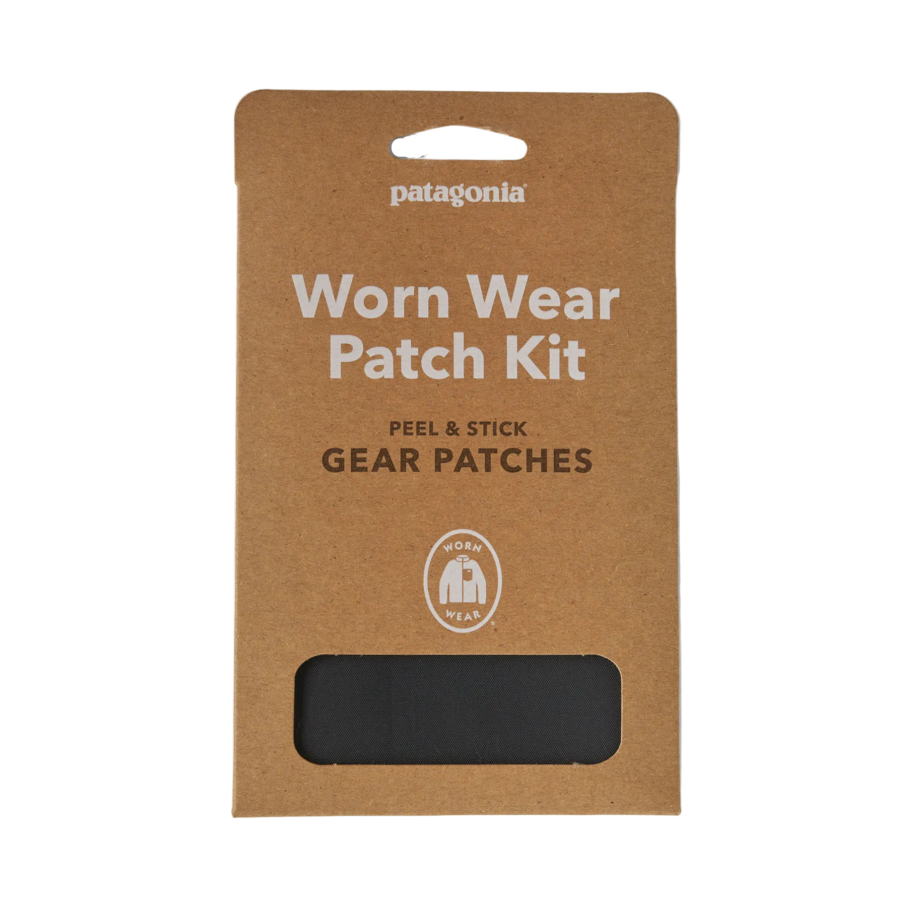 Patagonia Patch Kit shown with four sheets of black, pressure-sensitive Tenacious Tape adhesive repair patches in various pre-cut and customizable shapes.