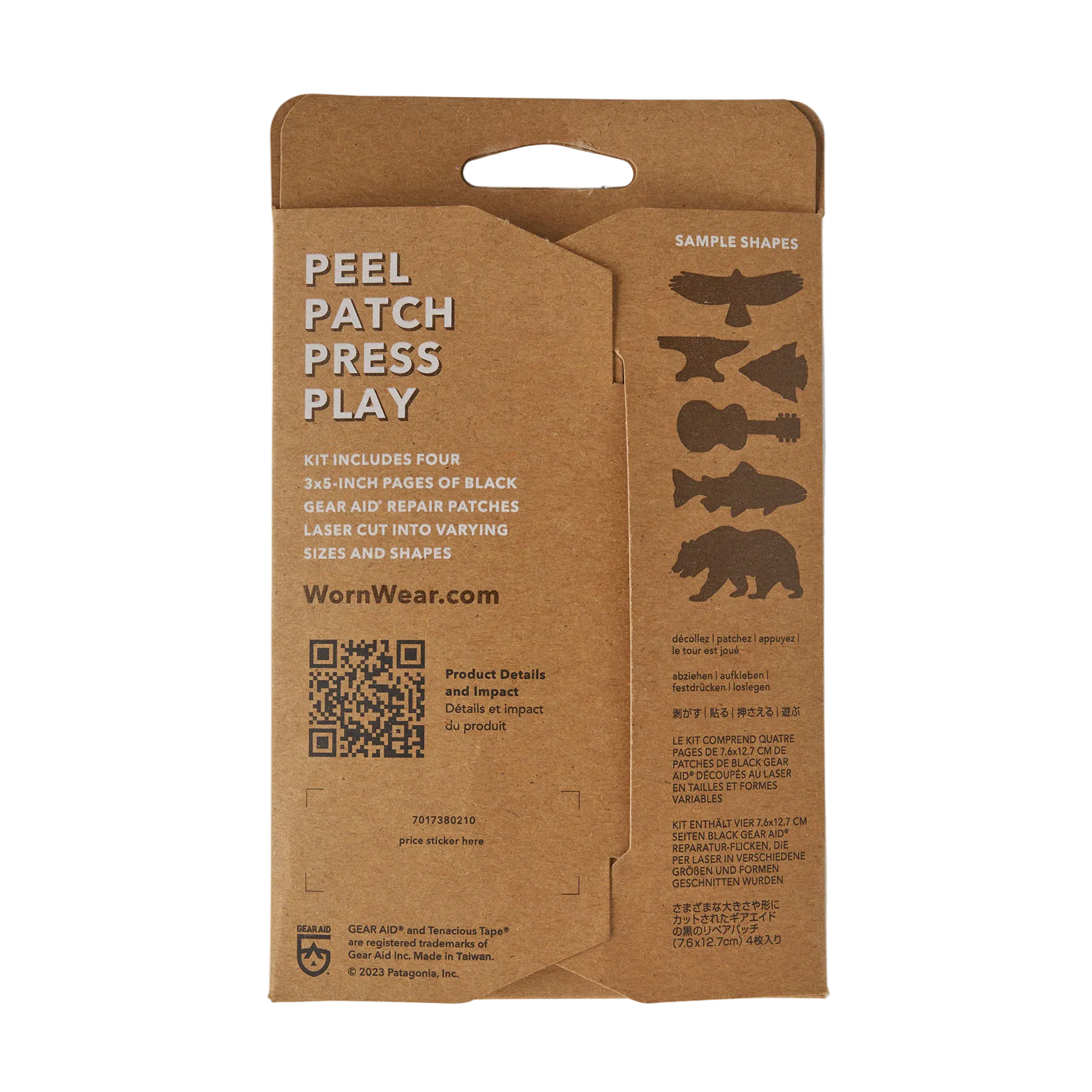 Patagonia Patch Kit shown with four sheets of black, pressure-sensitive Tenacious Tape adhesive repair patches in various pre-cut and customizable shapes.