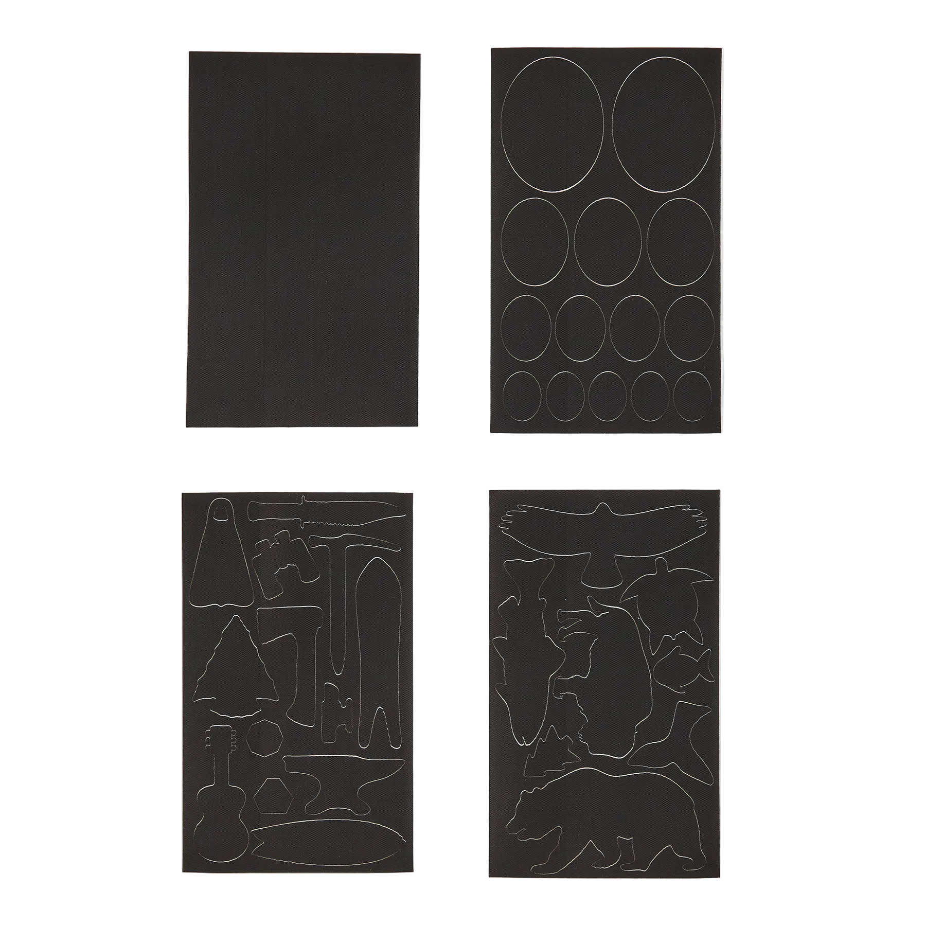 Patagonia Patch Kit shown with four sheets of black, pressure-sensitive Tenacious Tape adhesive repair patches in various pre-cut and customizable shapes.