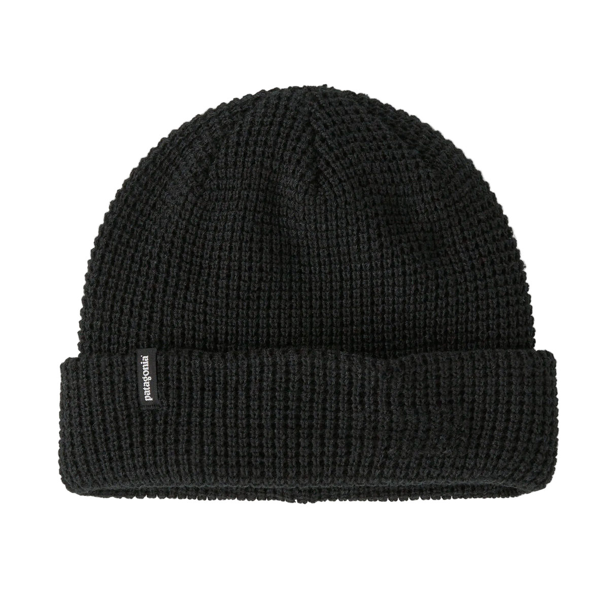 Front view of a black Patagonia SnowDrifter Beanie featuring a fine-gauge recycled polyester knit, low-profile helmet-compatible crown, and an interior microfleece headband lining.
