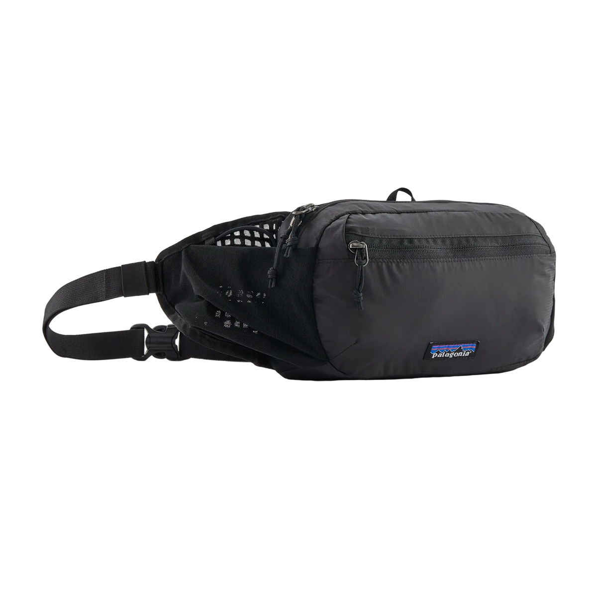 Front view of a black Patagonia Terravia Hip Pack featuring recycled nylon ripstop fabric, dual stretch-mesh water-bottle pockets, zippered main and front stash pockets, an airmesh back panel, and an adjustable webbed waist strap.