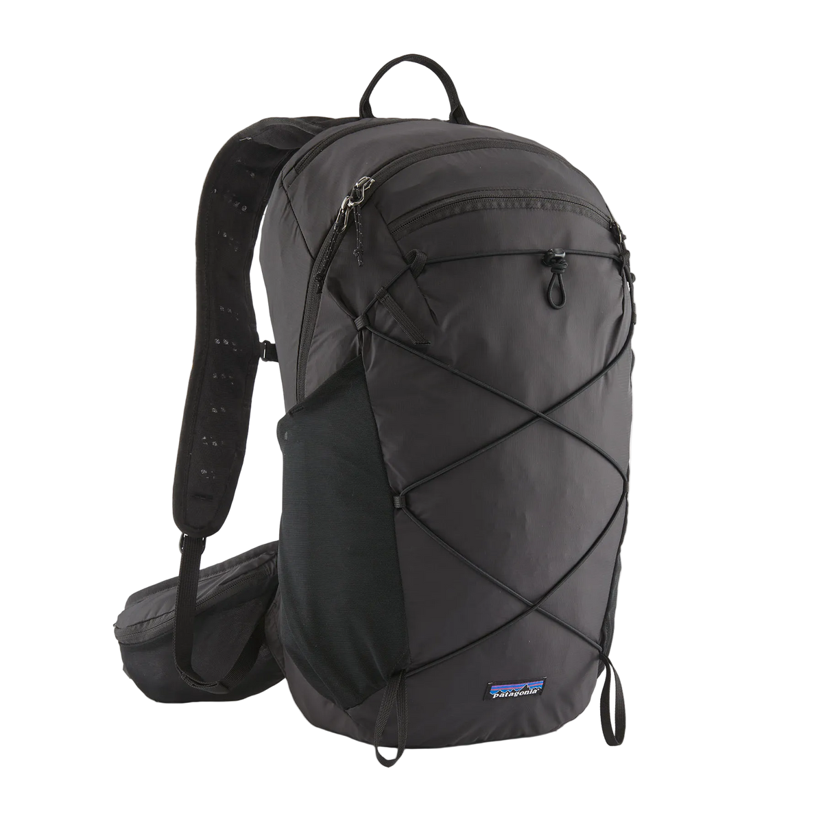 Front view of a black Patagonia Terravia Pack 22L featuring 100% recycled nylon ripstop fabric, breathable Regulator airmesh shoulder straps, a front quick-stash pocket, dual side stretch water-bottle pockets, and trekking pole attachment loops.