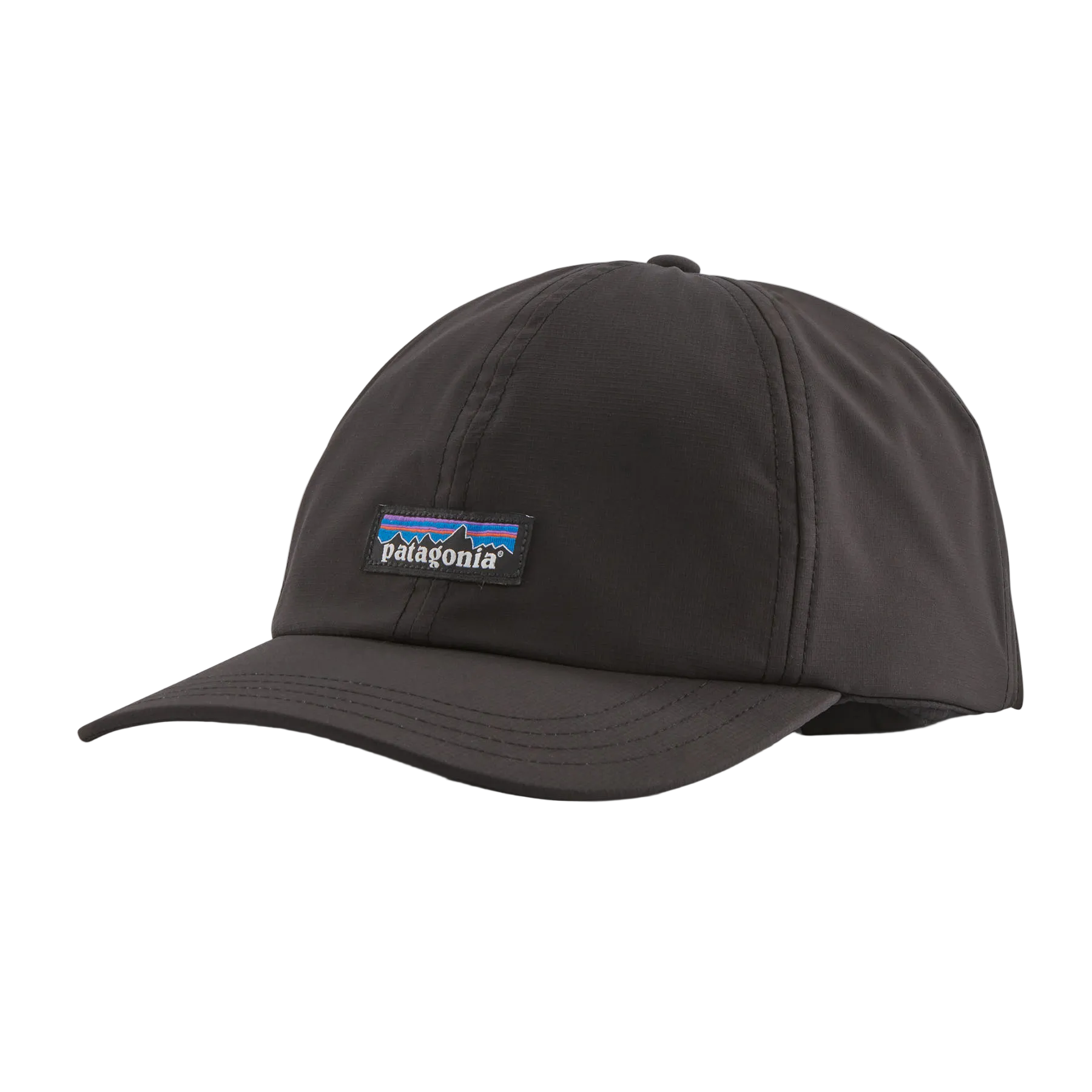 Front view of a black Patagonia Terrebonne Hat featuring lightweight 100% recycled polyester ripstop fabric, an unstructured mid-crown six-panel profile, NetPlus precurved brim, and an adjustable rear strap closure.