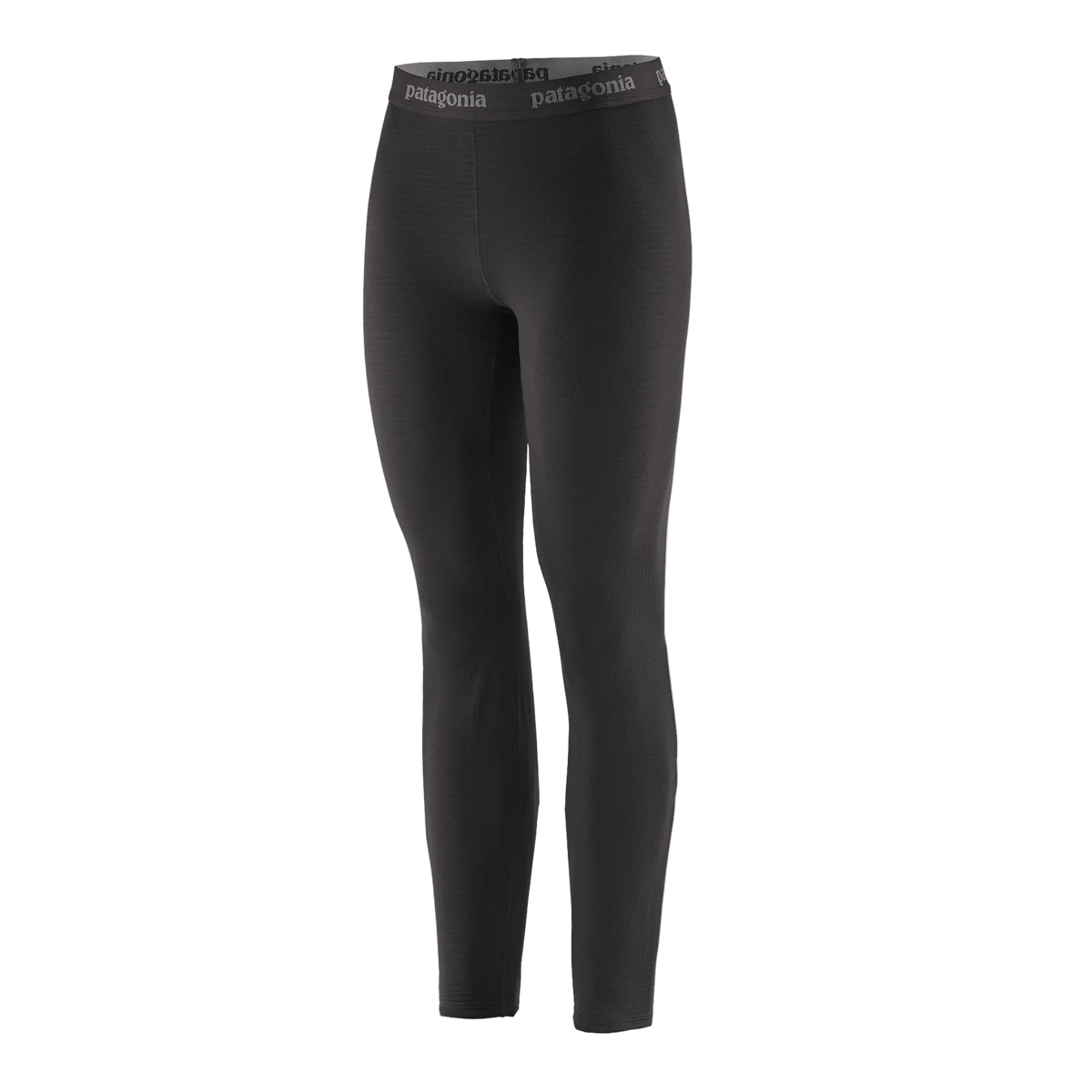 Front view of the black Patagonia Women's Capilene Thermal Weight Baselayer Bottoms featuring Polartec Power Grid fabric with an open-grid brushed interior, a flat elastic waistband, a gusseted crotch, and flatlock seam construction throughout the legs and cuffs.